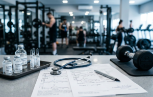 Medicamentos hormonais e halter de academia representando o uso off-label de anastrozol, letrozol e tamoxifeno na musculação com orientação médica